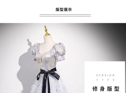 A-Line Fringe Square Neck Glitter Evening Gown Short-Sleeve