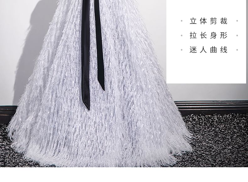 A-Line Fringe Square Neck Glitter Evening Gown Short-Sleeve