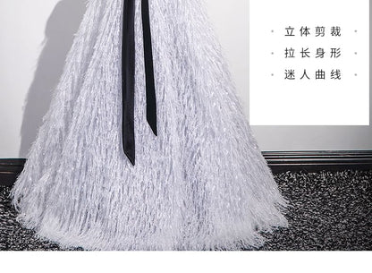 Short-Sleeve Square Neck Glitter Fringe A-Line Evening Gown