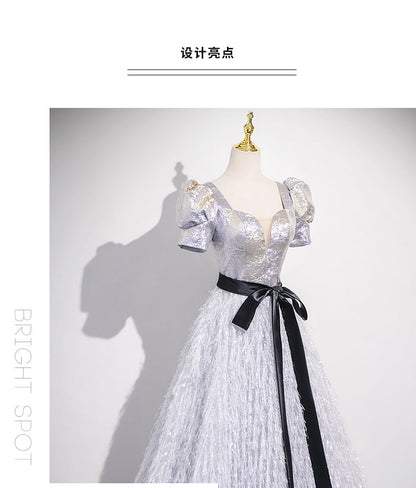 A-Line Fringe Square Neck Glitter Evening Gown Short-Sleeve