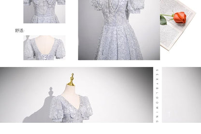 Short-Sleeve V-Neck Plain Lace Sheath Evening Gown