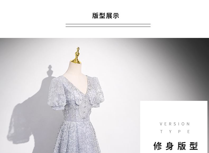 Short-Sleeve V-Neck Plain Lace Sheath Evening Gown