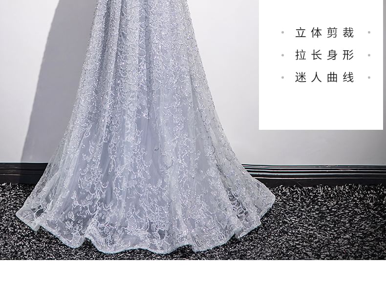 Short-Sleeve Gown Evening V-Neck Lace Plain Sheath