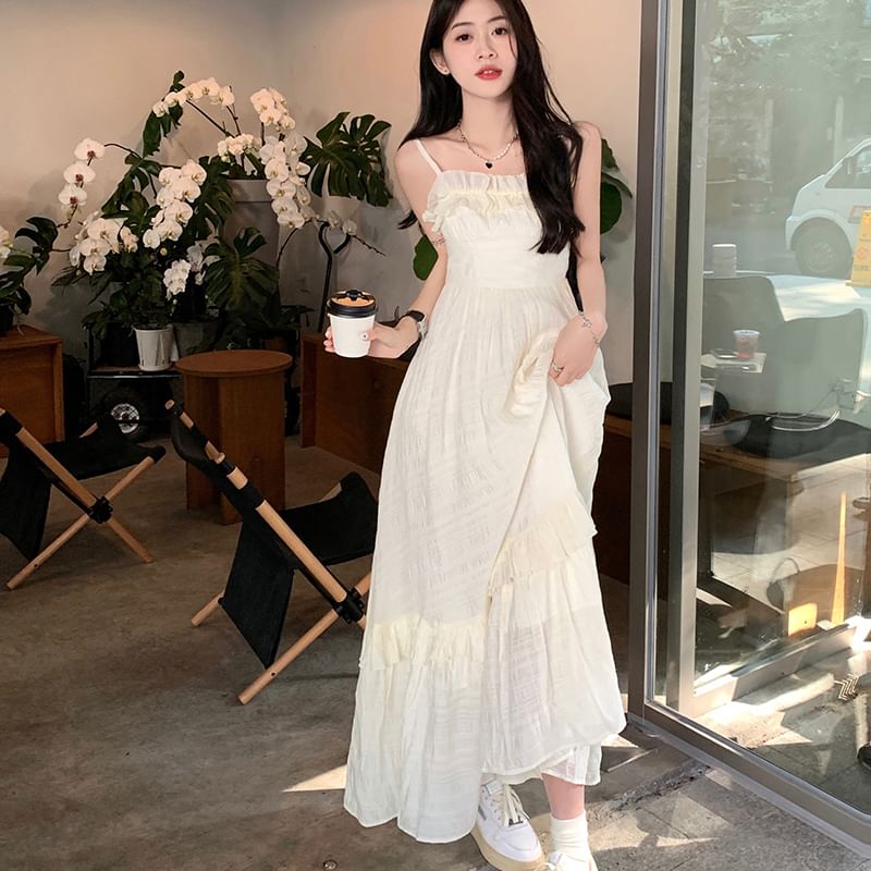 Spaghetti Strap Scoop Neck Plain Ruffle Trim Midi A-Line Dress