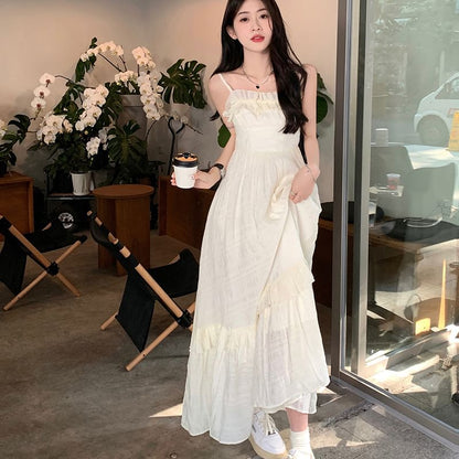 Spaghetti Strap Scoop Neck Plain Ruffle Trim Midi A-Line Dress
