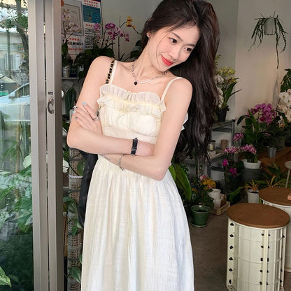 Spaghetti Strap Scoop Neck Plain Ruffle Trim Midi A-Line Dress