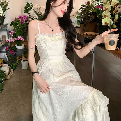 Spaghetti Strap Scoop Neck Plain Ruffle Trim Midi A-Line Dress