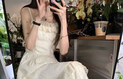 Spaghetti Strap Scoop Neck Plain Ruffle Trim Midi A-Line Dress