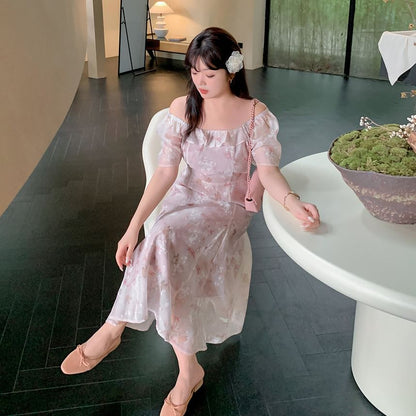 Plus Size Short-Sleeve Square-Neck Floral Print Midi A-Line Dress