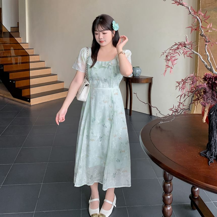 Plus Size Short-Sleeve Square-Neck Floral Print Midi A-Line Dress