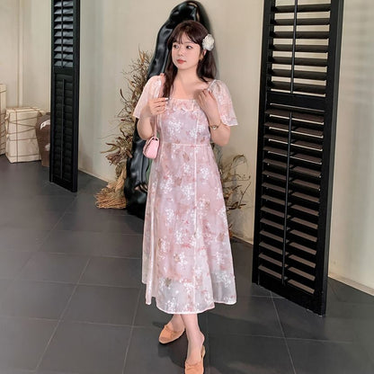 Plus Size Short-Sleeve Square-Neck Floral Print Midi A-Line Dress
