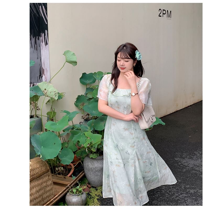 Plus Size Short-Sleeve Square-Neck Floral Print Midi A-Line Dress