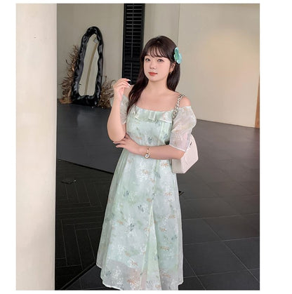 Plus Size Short-Sleeve Square-Neck Floral Print Midi A-Line Dress