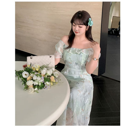 Plus Size Short-Sleeve Square-Neck Floral Print Midi A-Line Dress