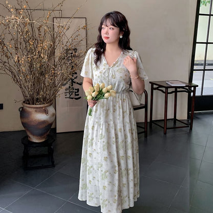 Plus Size Short-Sleeve V-Neck Floral Print Midi A-Line Dress