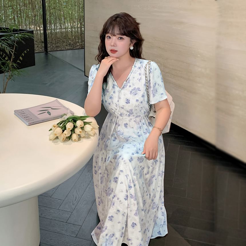 Plus Size Short-Sleeve V-Neck Floral Print Midi A-Line Dress