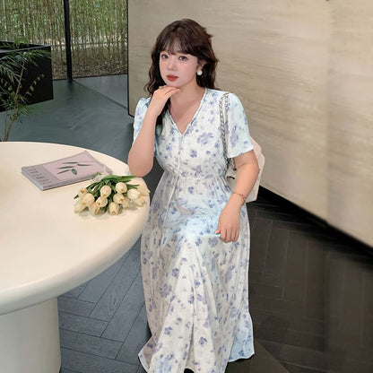 Plus Size Short-Sleeve V-Neck Floral Print Midi A-Line Dress