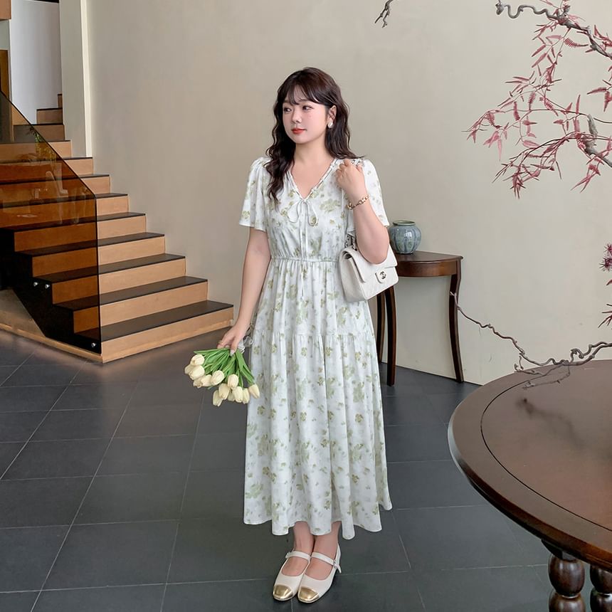 Plus Size Short-Sleeve V-Neck Floral Print Midi A-Line Dress