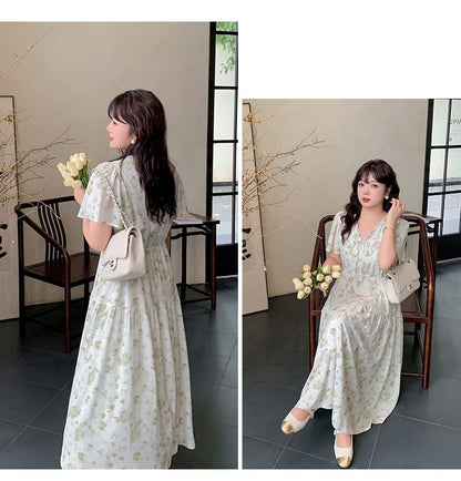 Plus Size Short-Sleeve V-Neck Floral Print Midi A-Line Dress