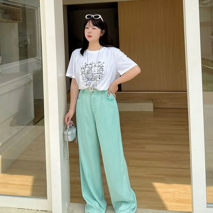 Plus Size Short-Sleeve Round Neck Cartoon Print T-Shirt