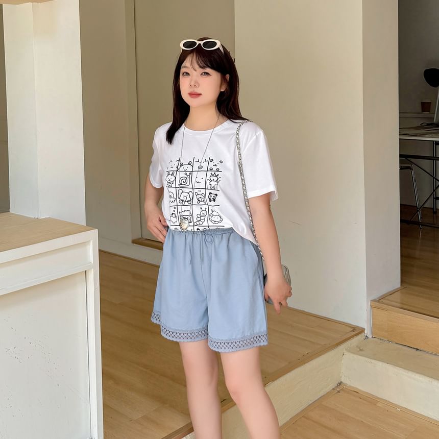 Plus Size Short-Sleeve Round Neck Cartoon Print T-Shirt