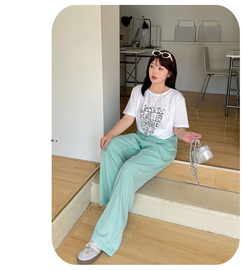 Plus Size Short-Sleeve Round Neck Cartoon Print T-Shirt