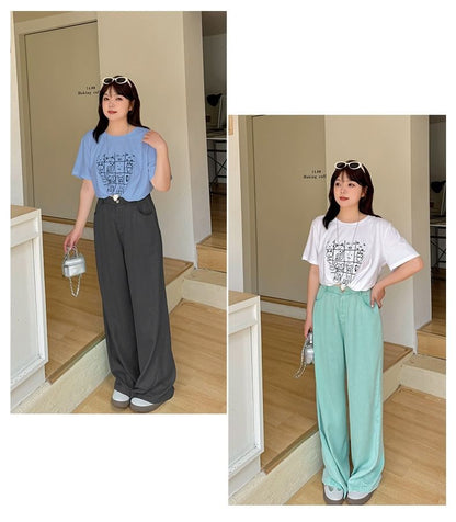 Plus Size Short-Sleeve Round Neck Cartoon Print T-Shirt