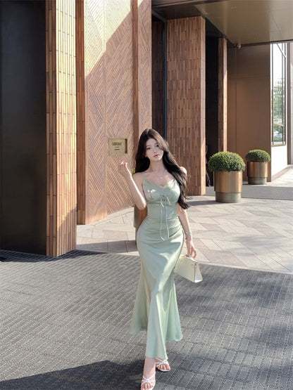 V-Neck Lace Panel Satin Mermaid Maxi Dress