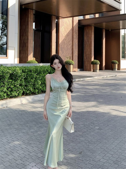 V-Neck Lace Panel Satin Mermaid Maxi Dress