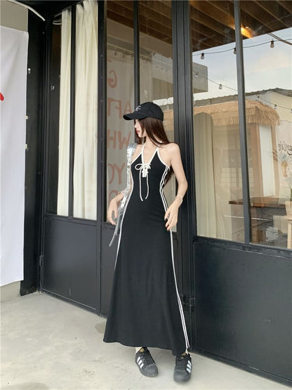 Halter Striped Lace Up A-Line Maxi Dress