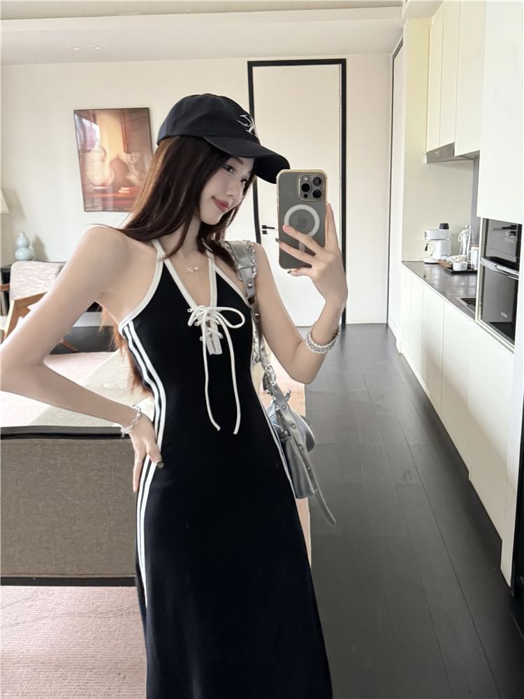 Halter Striped Lace Up A-Line Maxi Dress