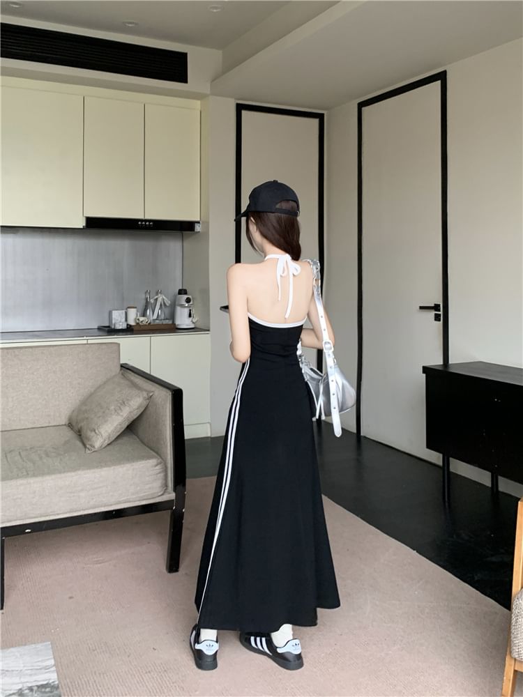 Halter Striped Lace Up A-Line Maxi Dress