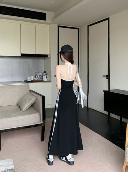 Halter Striped Lace Up A-Line Maxi Dress