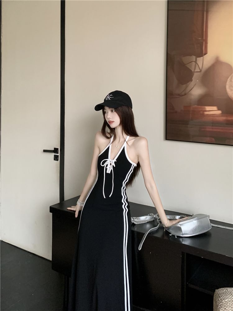 Halter Striped Lace Up A-Line Maxi Dress