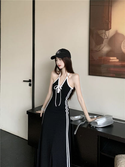 Halter Striped Lace Up A-Line Maxi Dress