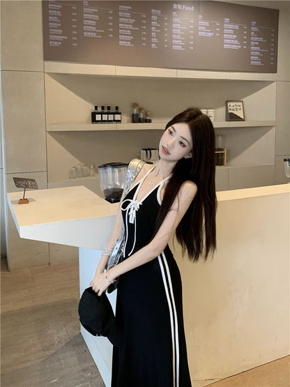 Halter Striped Lace Up A-Line Maxi Dress