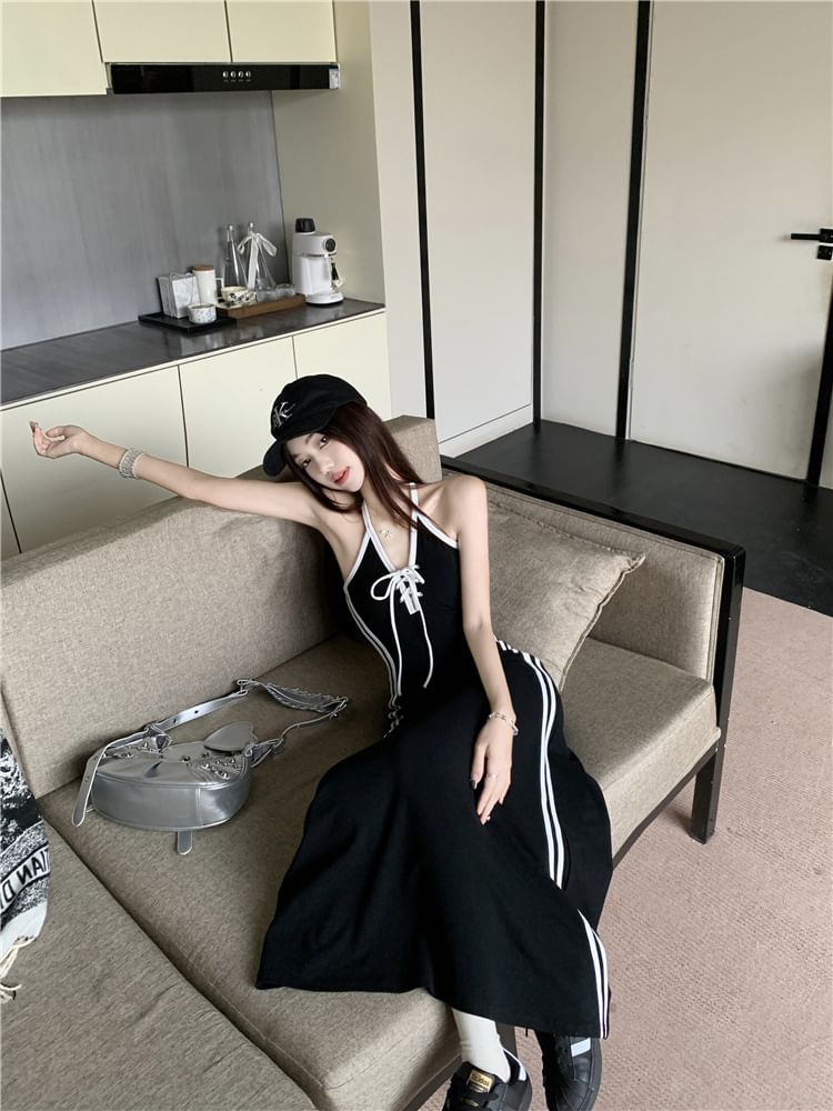 Halter Striped Lace Up A-Line Maxi Dress