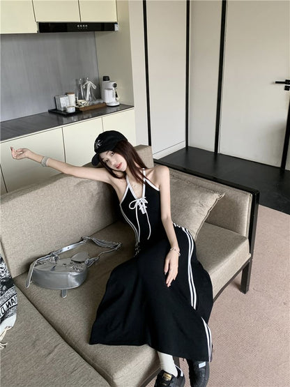 Halter Striped Lace Up A-Line Maxi Dress