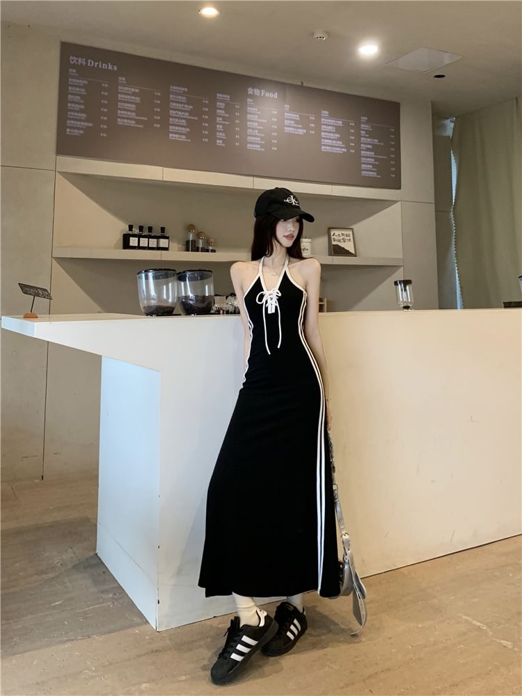 Halter Striped Lace Up A-Line Maxi Dress