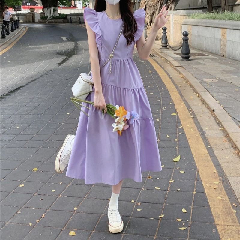 Ruffle Tiered Midi A-Line Neck Dress Plain Round Trim Cap-Sleeve