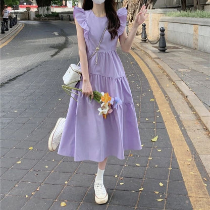 Ruffle Tiered Midi A-Line Neck Dress Plain Round Trim Cap-Sleeve