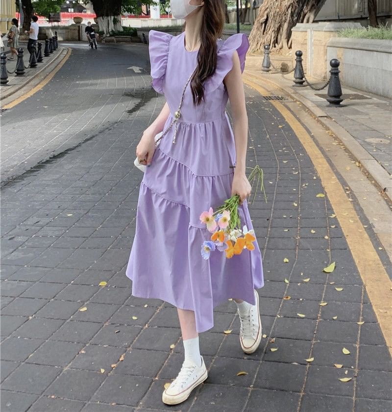 Ruffle Tiered Midi A-Line Neck Dress Plain Round Trim Cap-Sleeve