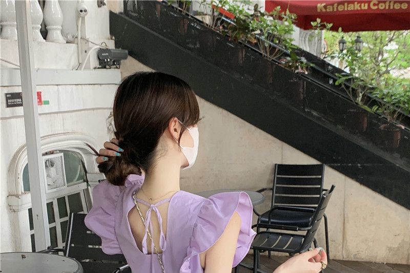 Ruffle Tiered Midi A-Line Neck Dress Plain Round Trim Cap-Sleeve