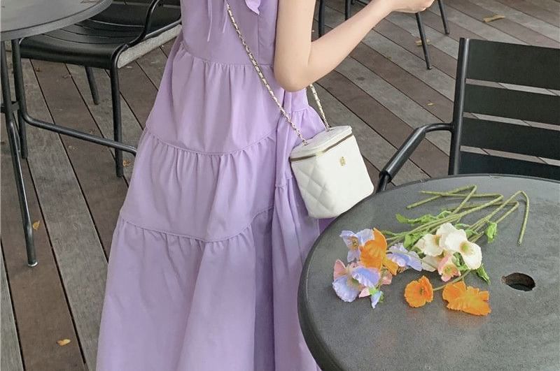 Ruffle Tiered Midi A-Line Neck Dress Plain Round Trim Cap-Sleeve