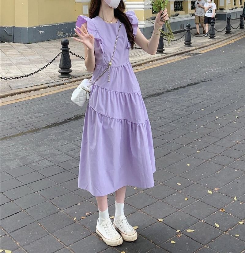 Ruffle Tiered Midi A-Line Neck Dress Plain Round Trim Cap-Sleeve