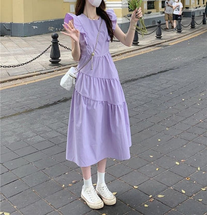 Ruffle Tiered Midi A-Line Neck Dress Plain Round Trim Cap-Sleeve