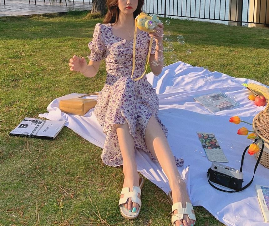 Midi A-Line Slit Puff-Sleeve Dress Floral