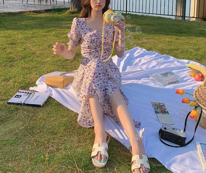 Midi A-Line Slit Puff-Sleeve Dress Floral