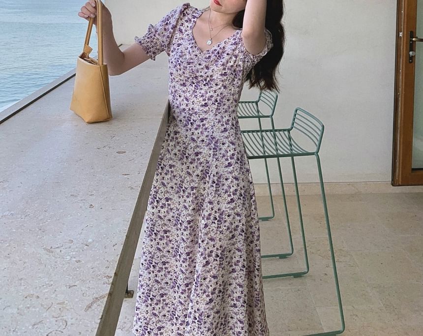 Midi A-Line Slit Puff-Sleeve Dress Floral