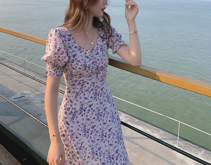 Midi A-Line Slit Puff-Sleeve Dress Floral